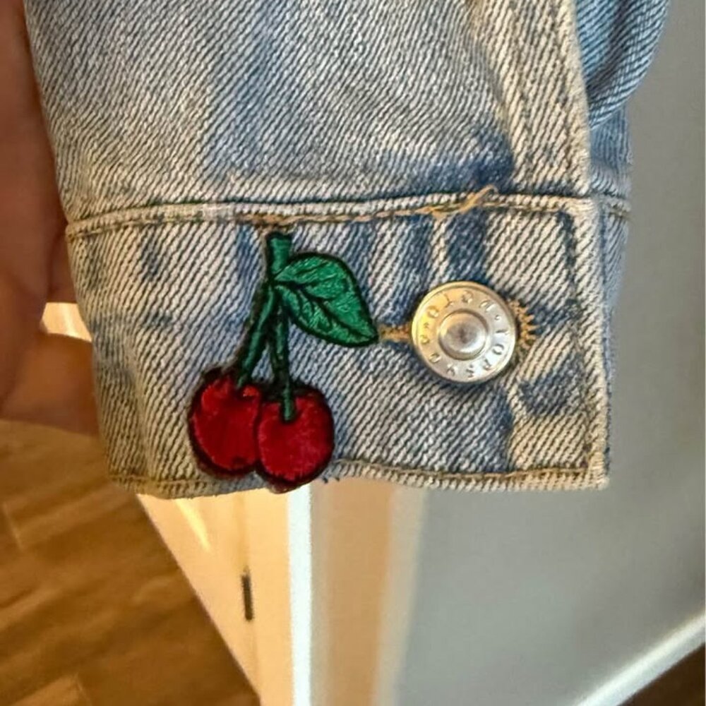 Wmn's Fun TopShop X Moto Denim Jean Jacket Embroidered Patches Y2K Style-Size 6 - Picture 6 of 9